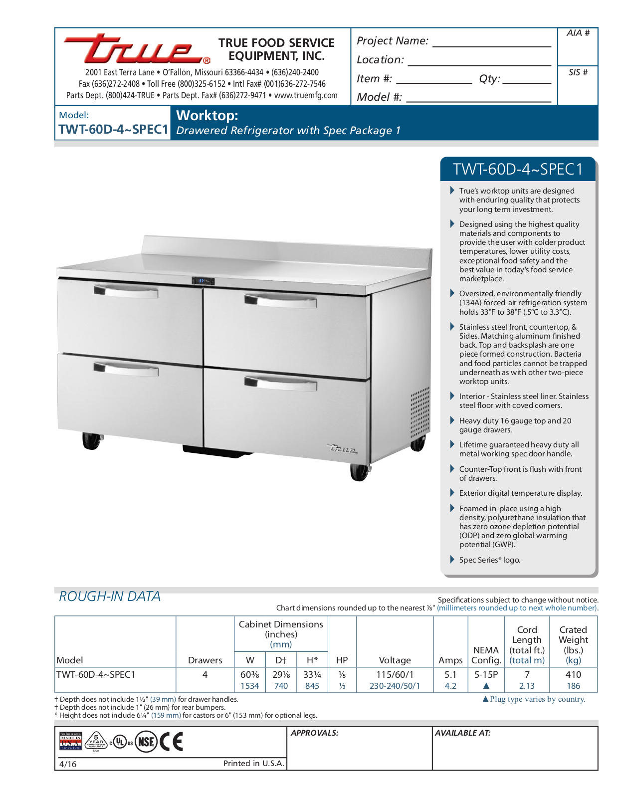 True TWT-60D-4 User Manual