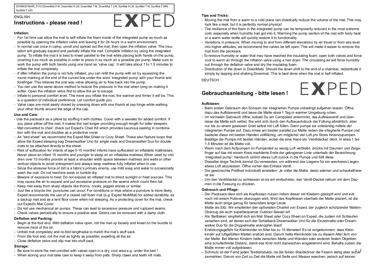 Exped DownMat 9 M, DownMat 9 LW, DownMat 7 LW, DownMat 7 M, SynMat 9 LW Instructions Manual - ManualMachine.com