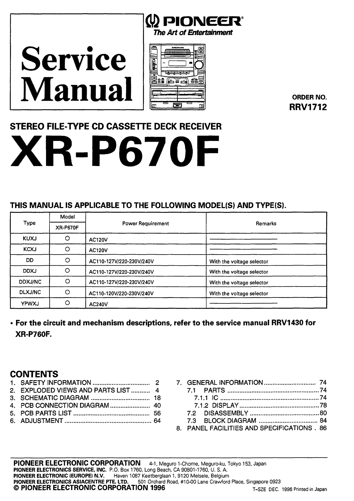 Pioneer XRP-670-F Service manual