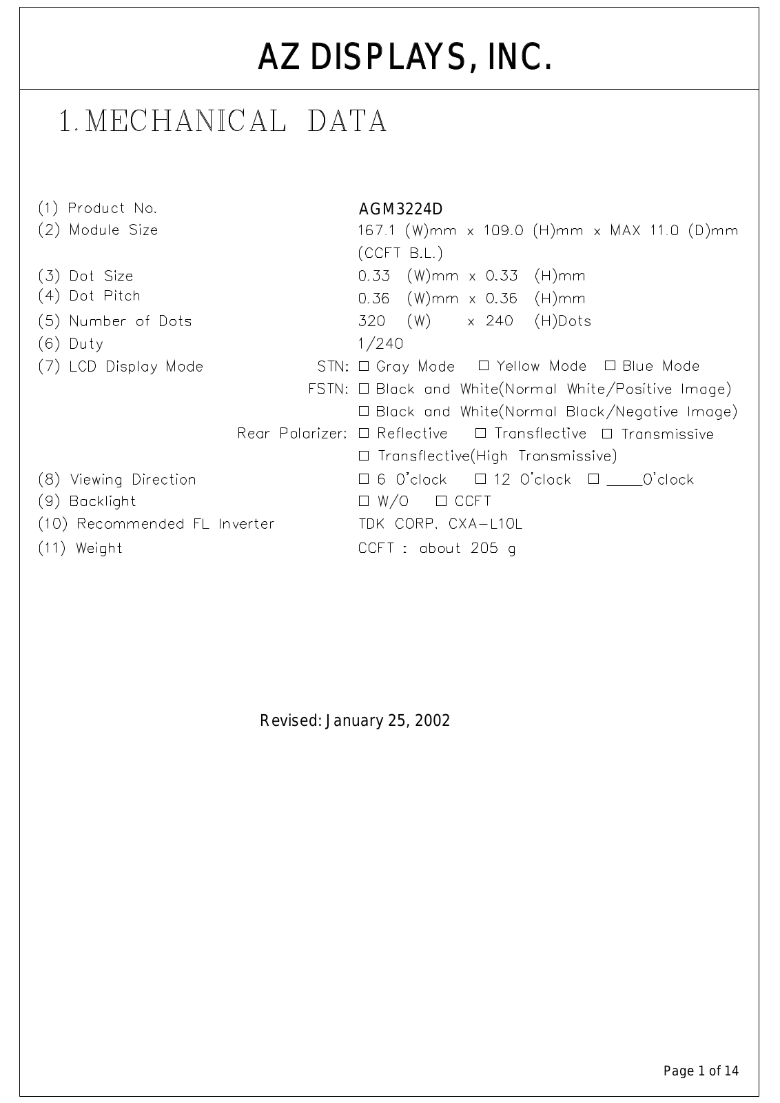 AZDIS AGM3224D-RC-YTW-T, AGM3224D-RC-YTH-T, AGM3224D-RC-YBW-T, AGM3224D-RC-GTW-T, AGM3224D-RC-GTH-T Datasheet