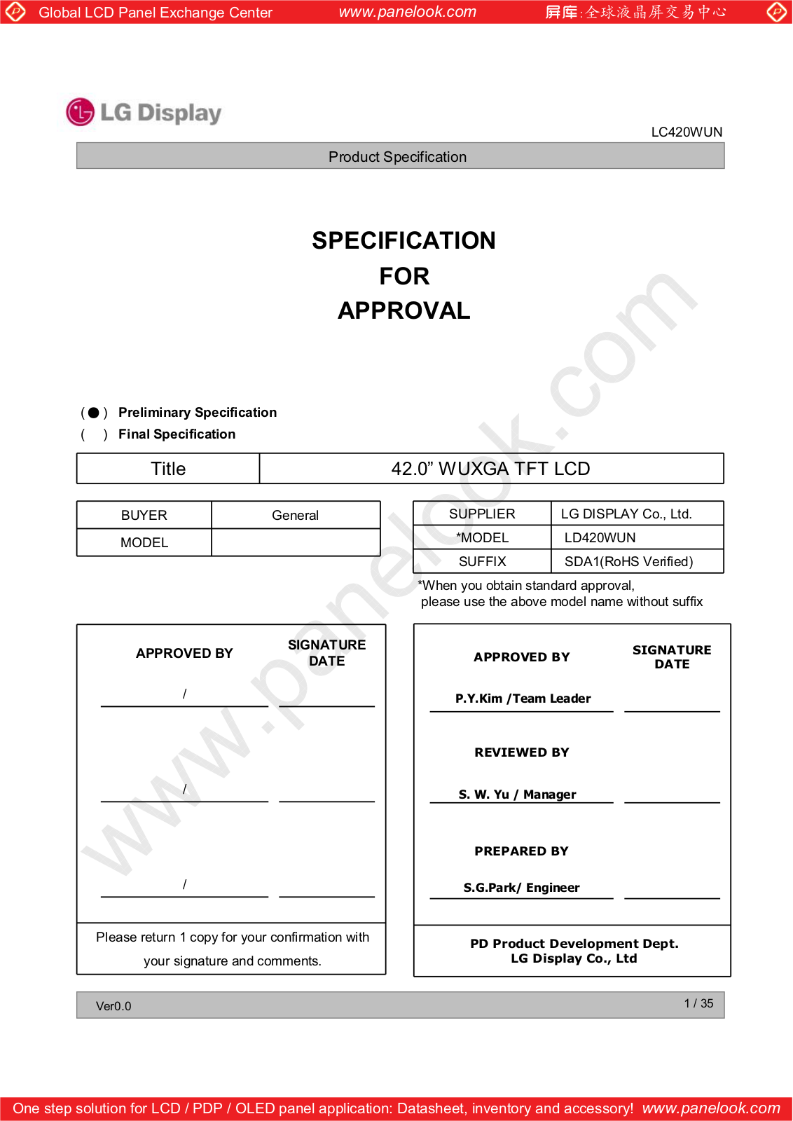 LG Display LC420WUN-SDA1 Specification