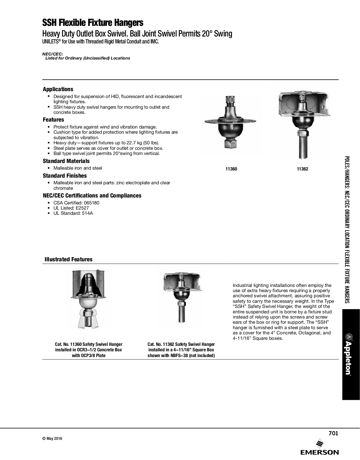 Appleton SSH Flexible Fixture Hangers Catalog Page