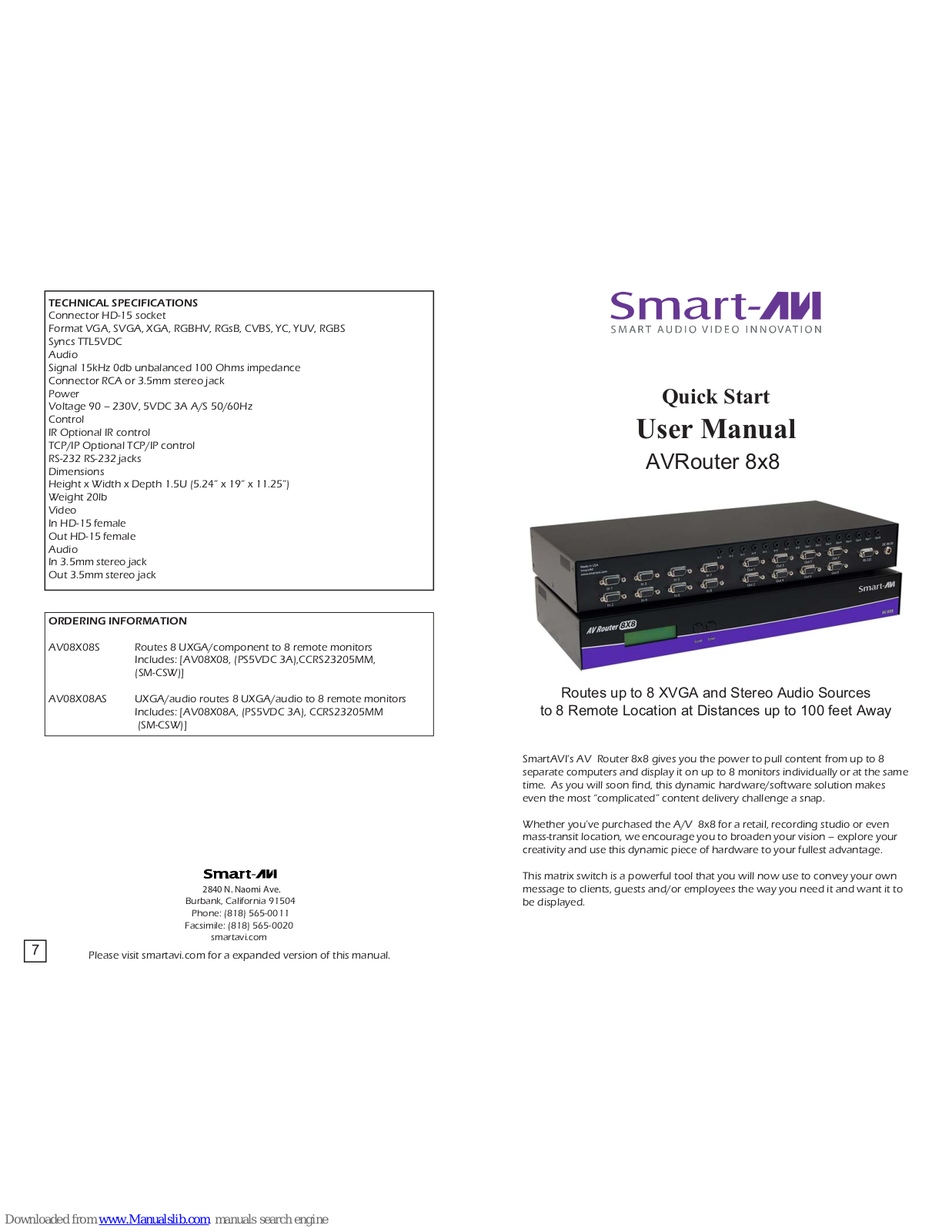 SMART-AVI AVRouter 8x8,AV08X08AS,AV08X08S Quick Start Manual