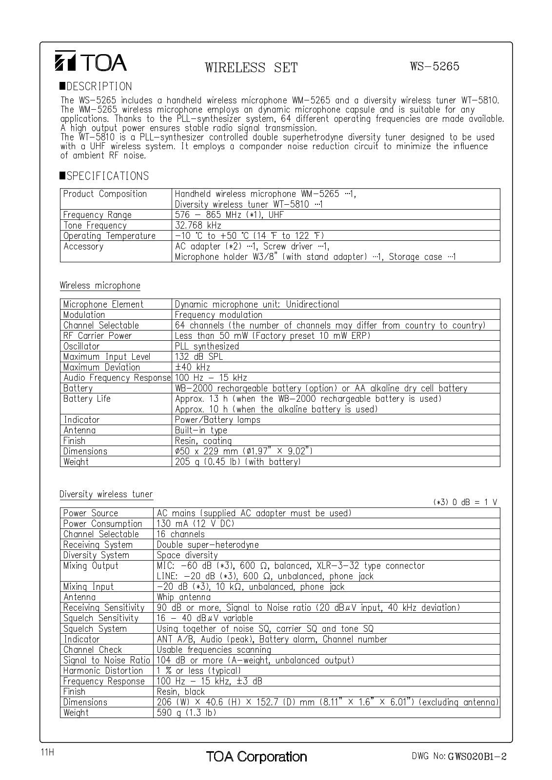 TOA WS-5265-AM-RM1D00 Specifications