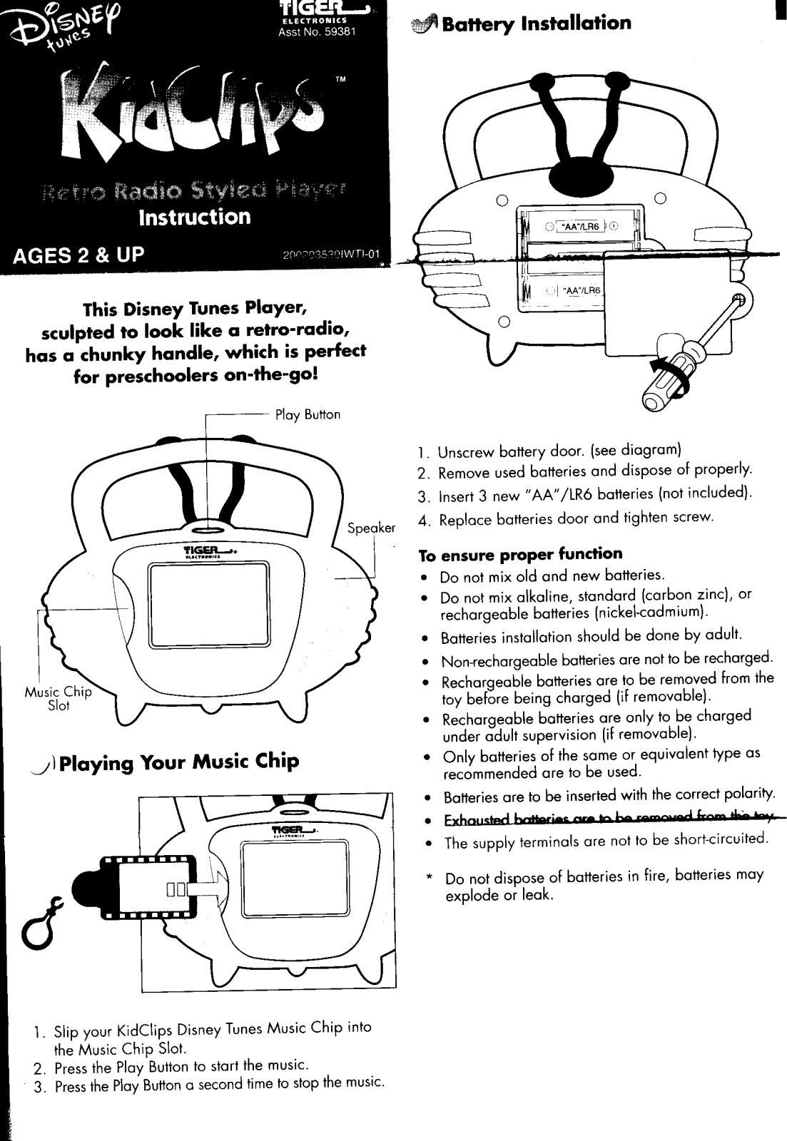 HASBRO Kidclips Retro Radio Styled Player,  Disney Tunes User Manual