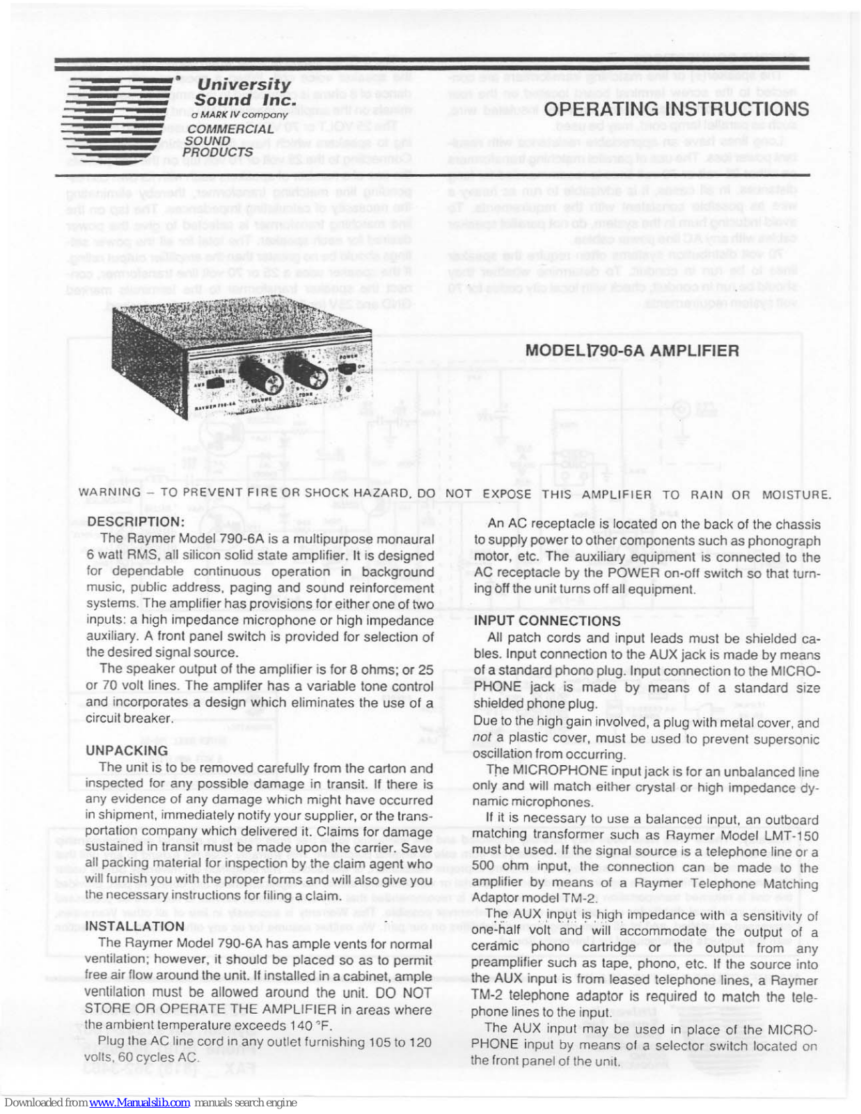 University Sound Amplifier 1790-6A, 790-6A Operating Instructions Manual