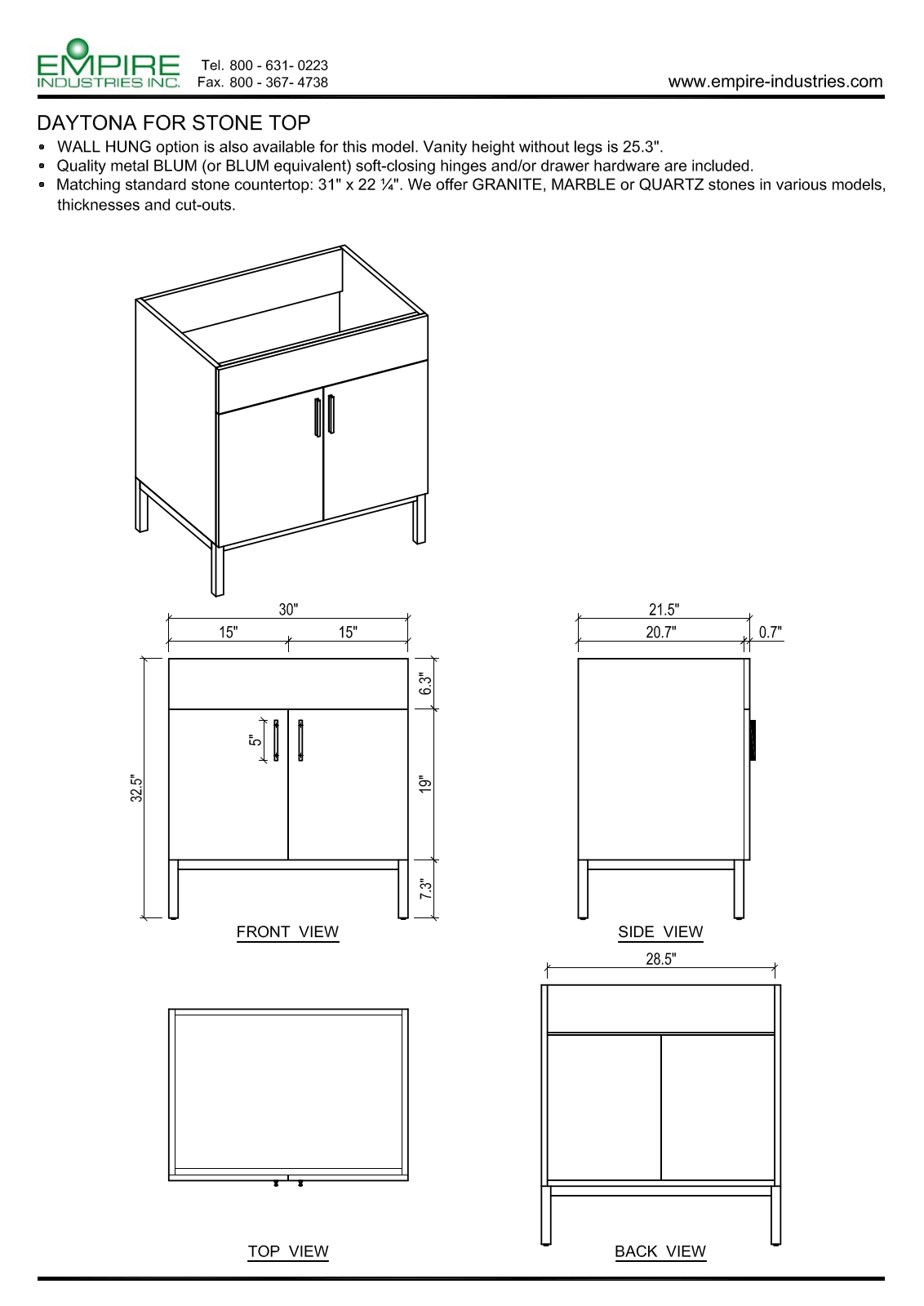 Empire Industries WDS3020BNP, DS3020POP, DF3020BGP Specs