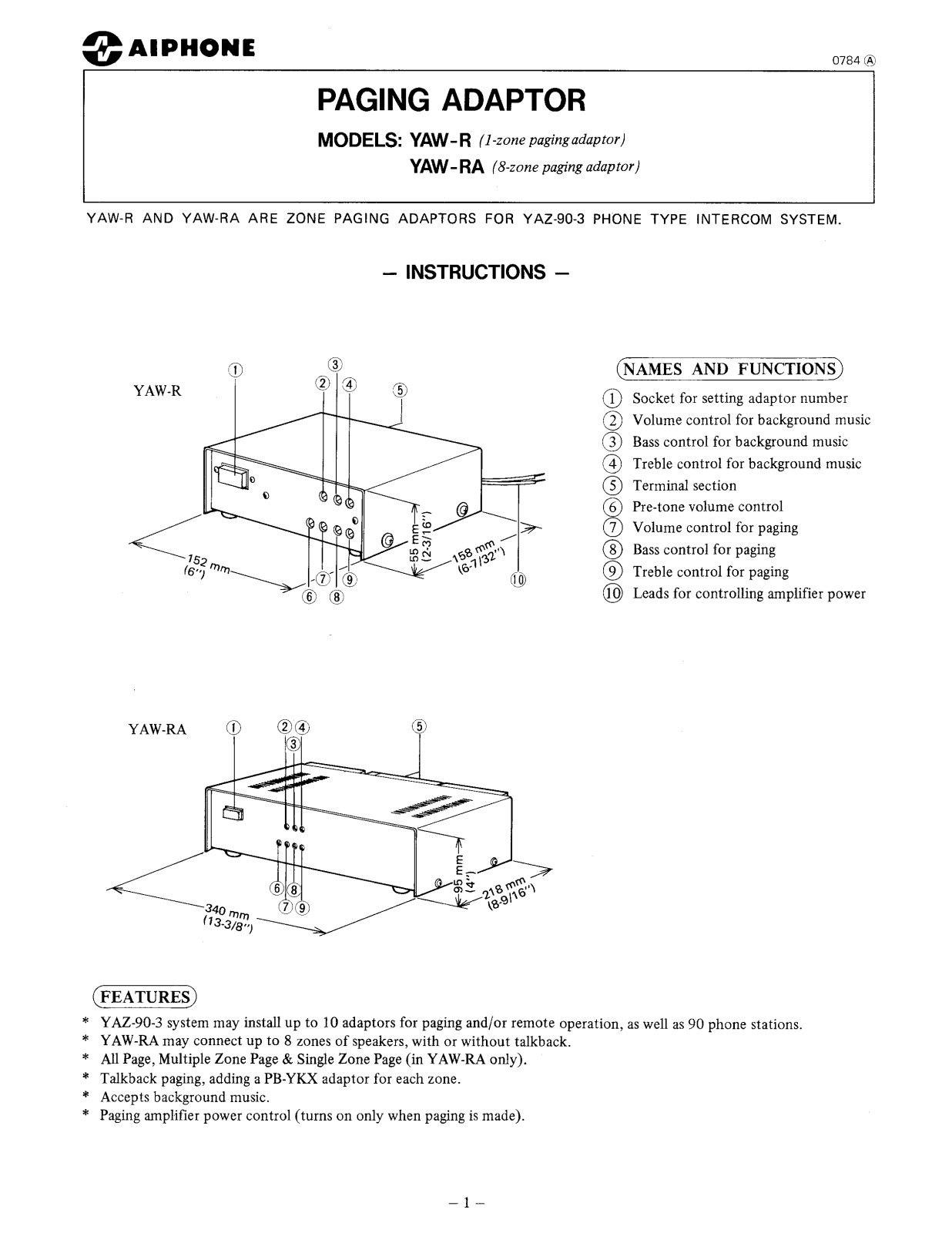 Aiphone YAW-R Instruction