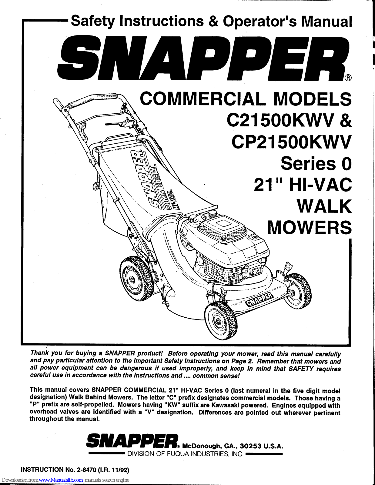 Snapper C21500KWV, CP21500KWV Safety Instructions & Operator's Manual