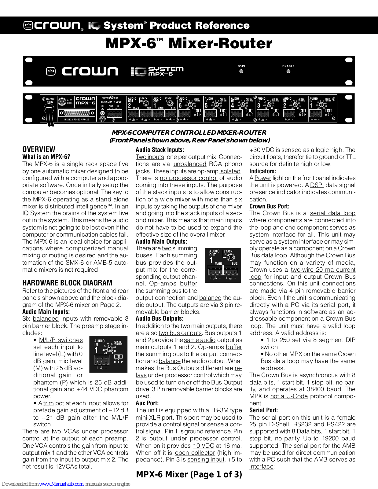 Crown IQ SYSYEM MPX-6TM, MPX-6, IQ System MPX-6 Product Reference