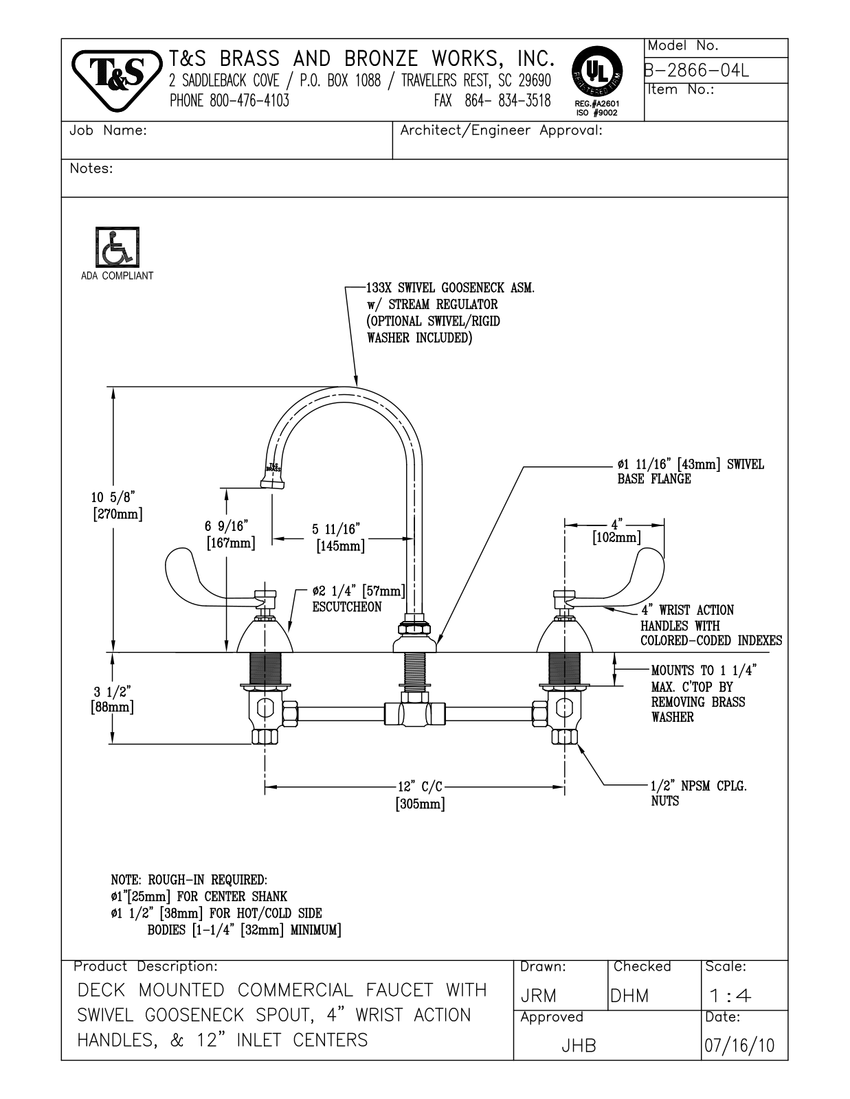 T&S Brass Manuals B-2866-04L User Manual