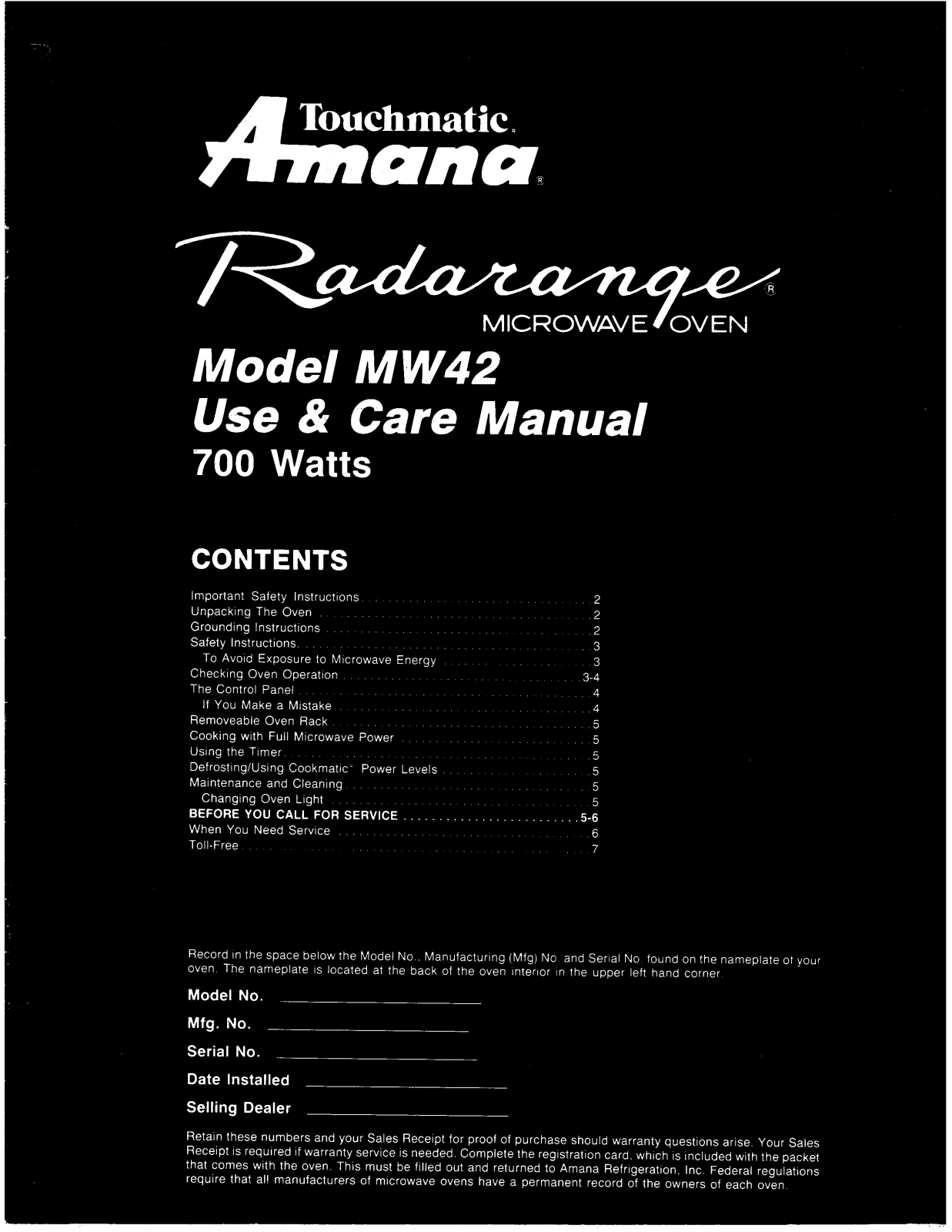 Amana MW42 Owner's Manual