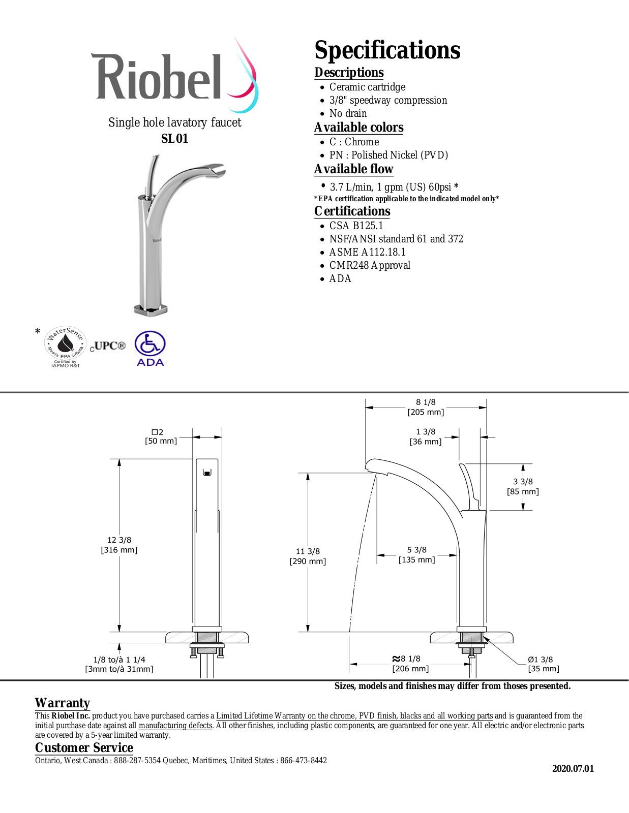 Riobel SL01C, SL01PN Specifications - ManualMachine.com