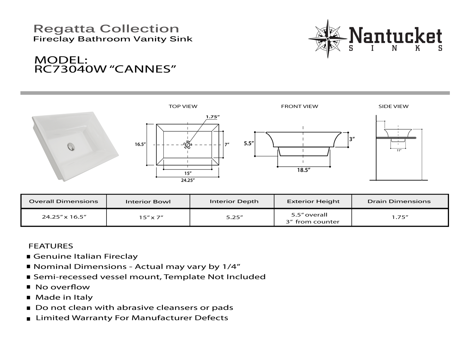 Nantucket RC73040W Specifications