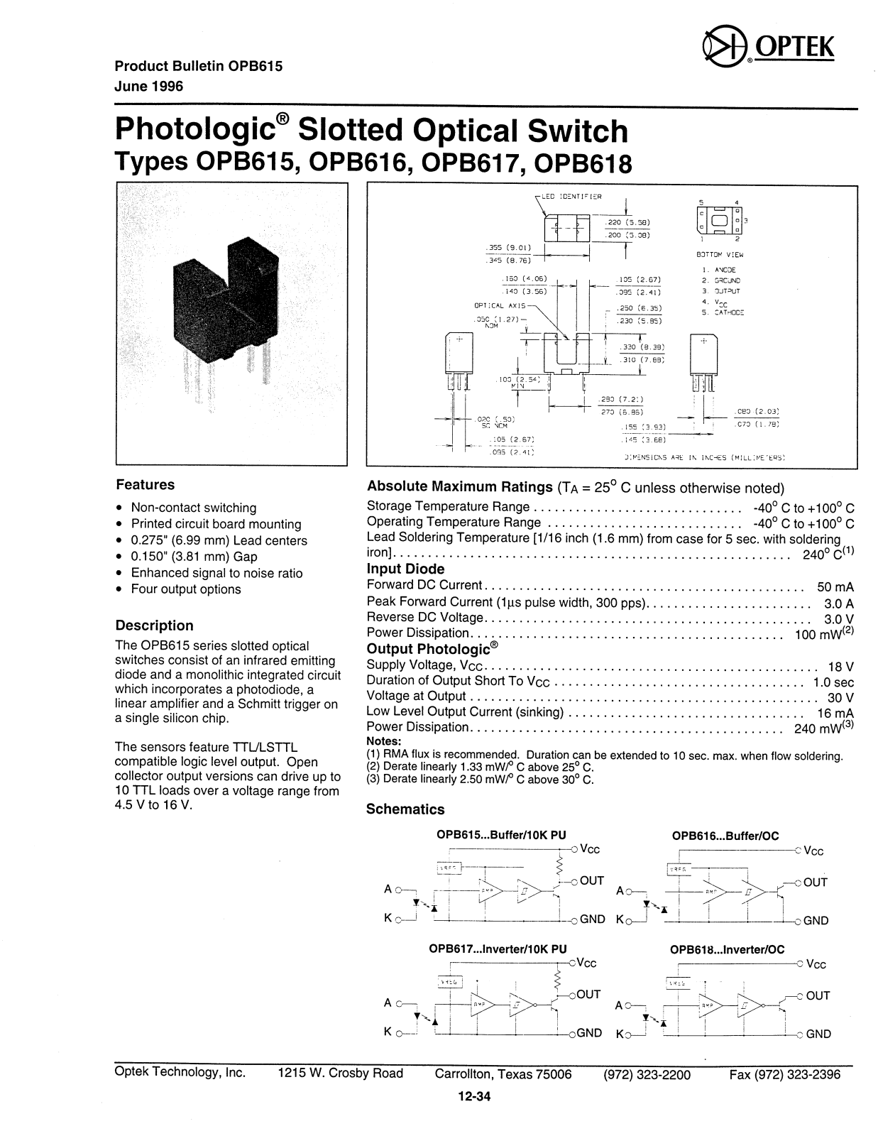 OPTEK OPB617, OPB618, OPB616, OPB615 Datasheet