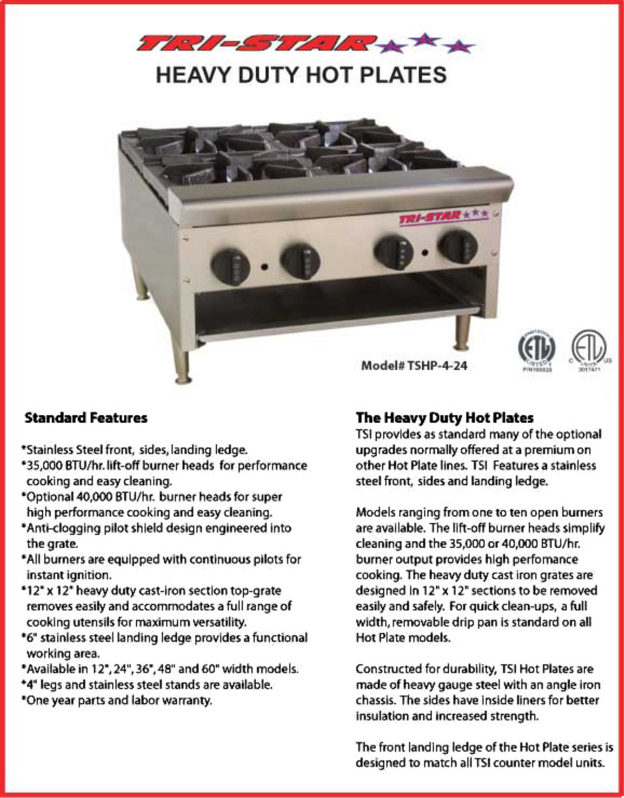 Tri-Star TSHP (1-10 Burners), TSHP-1-12 Specifications