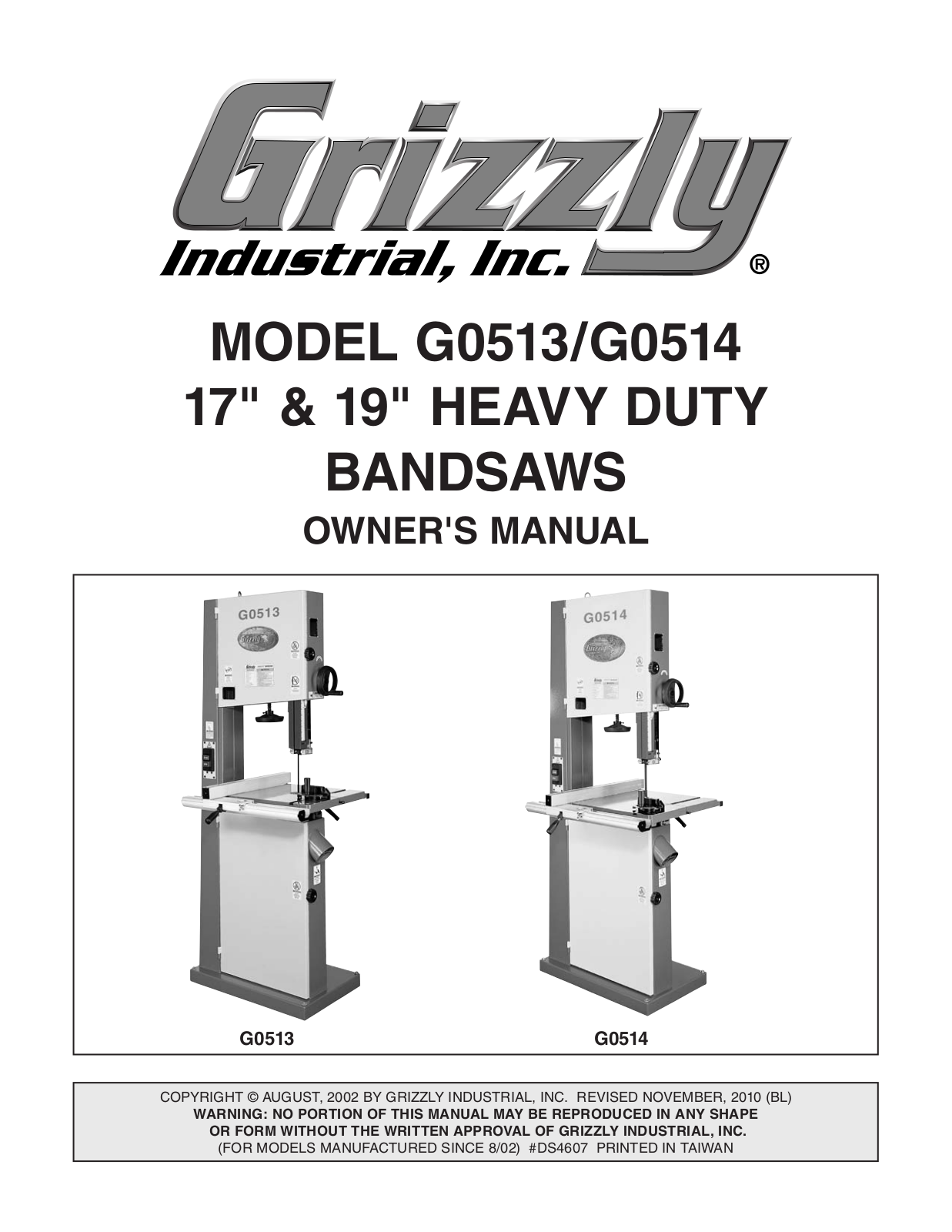 Grizzly G0514 User Manual