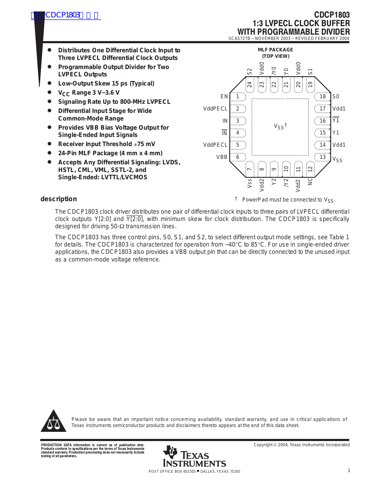 TEXAS INSTRUMENTS CDCP1803 Technical data