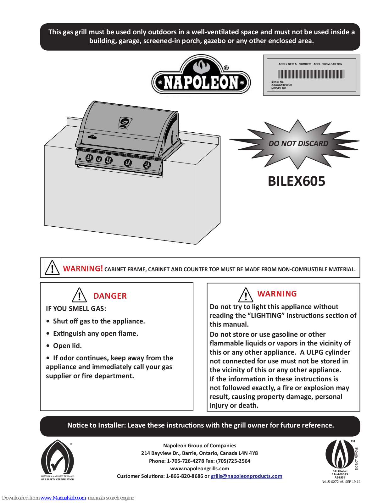 Napoleon BILEX605, BILEX730 Installation Instructions Manual