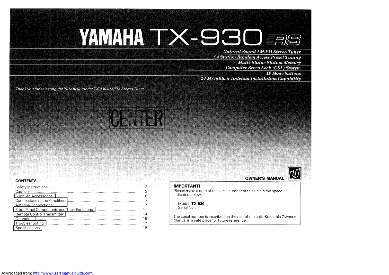 Yamaha Audio TX-930 User Manual