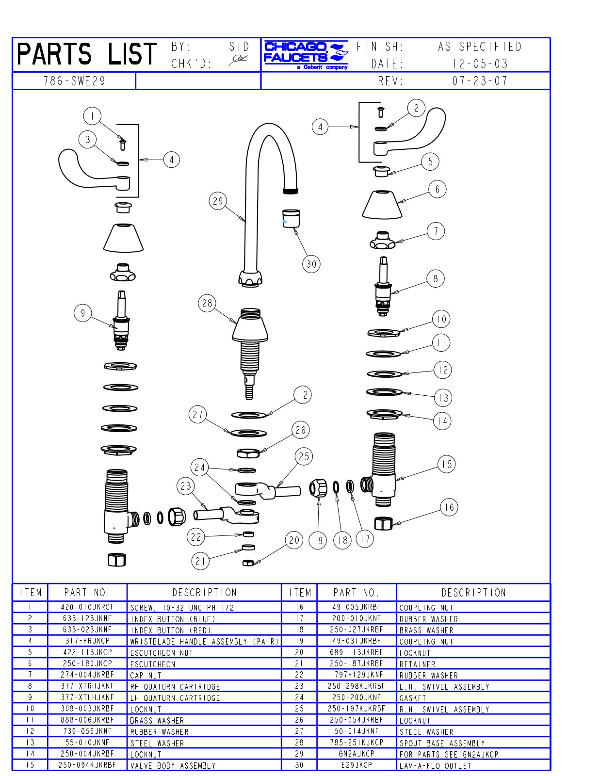 Chicago Faucet 786-SWE29CP Parts List