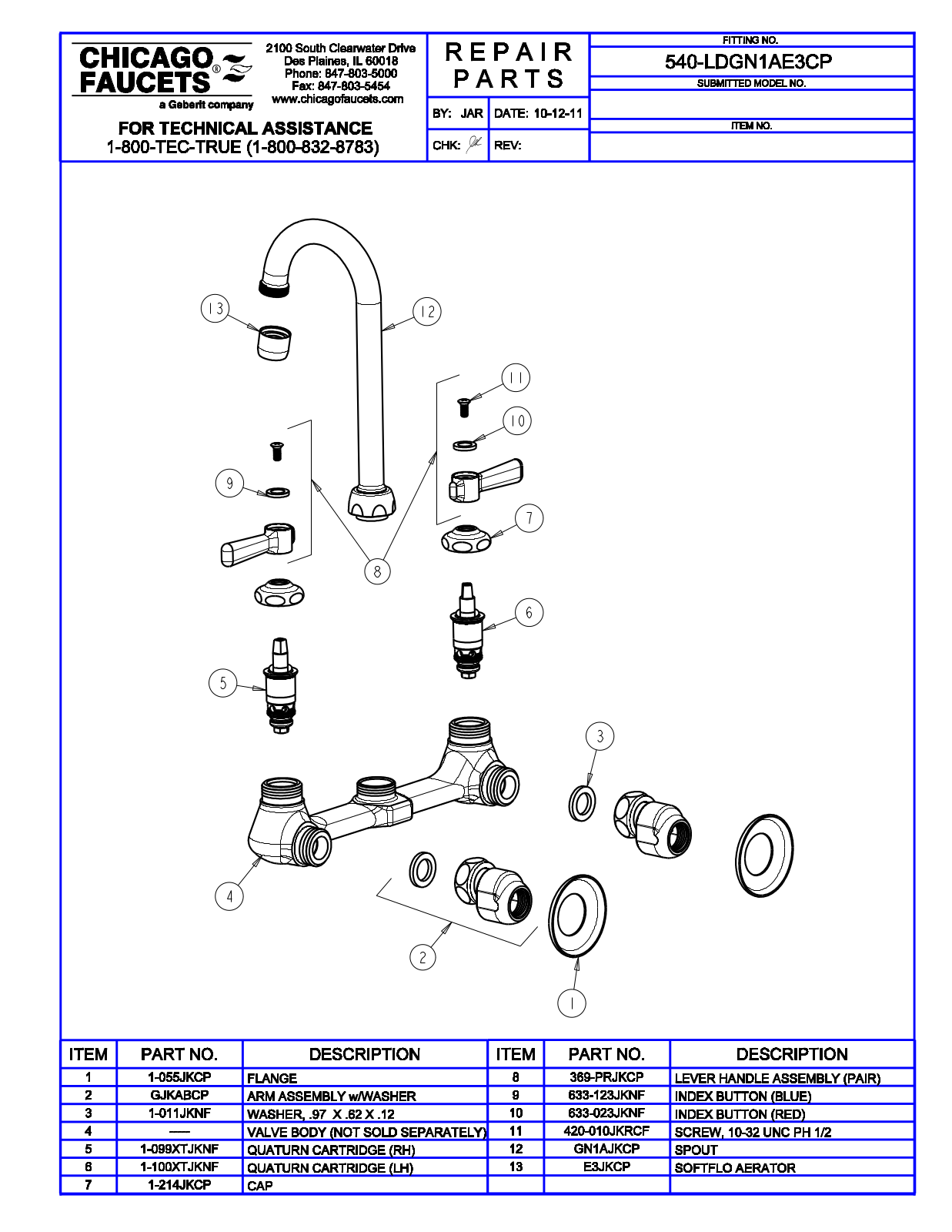 Chicago Faucet 540-LDGN1AE3CP Parts List