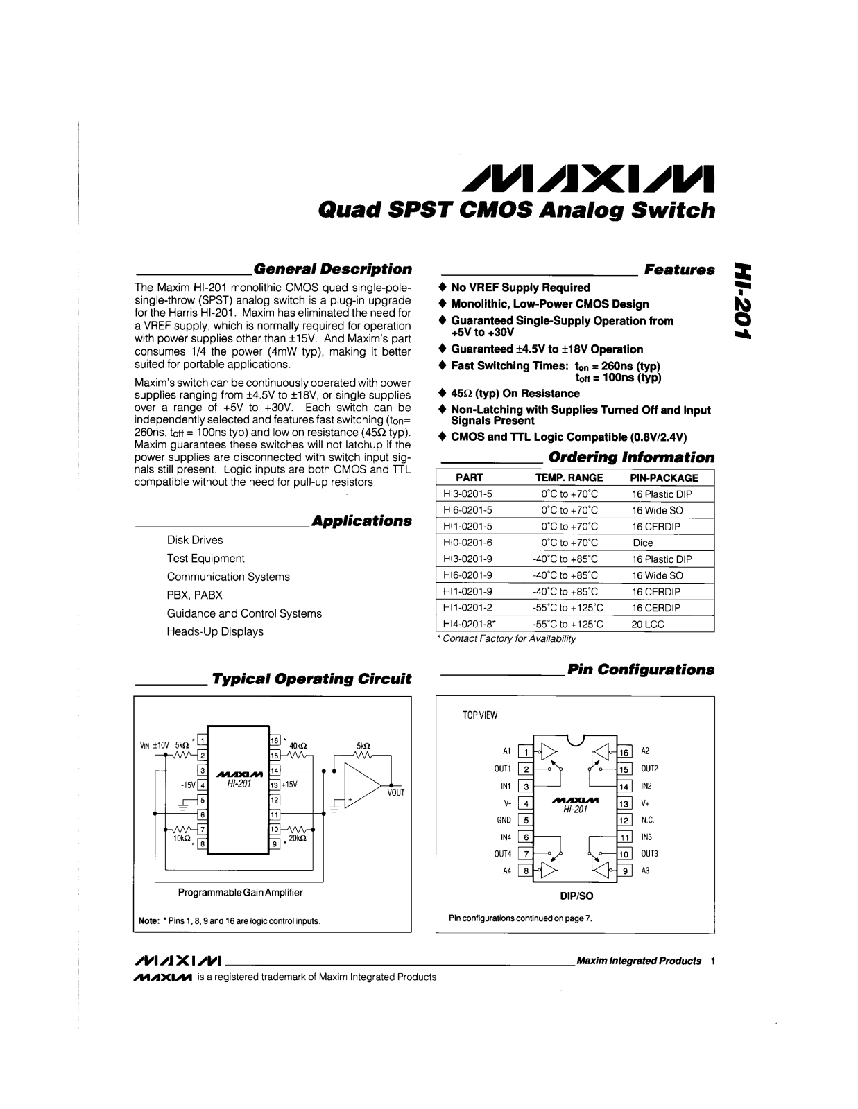 Maxim Integrated Producs HI6-0201-9, HI6-0201-5, HI4-0201-8, HI1-0201-9, HI1-0201-5 Datasheet