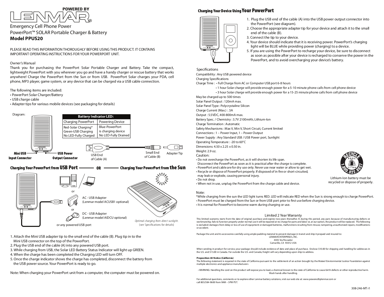 Lenmar Enterprises PPUS20 User Manual