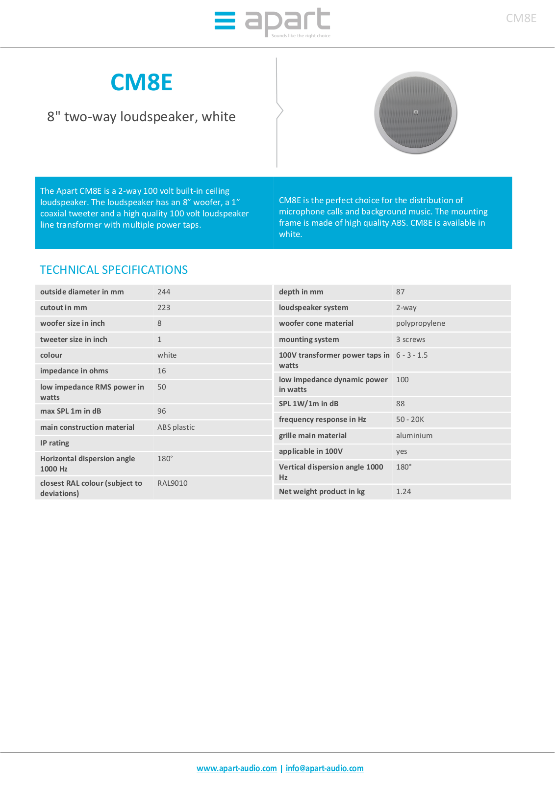 APART CM8E Technical Specifications CM8E.pdf - ManualMachine.com