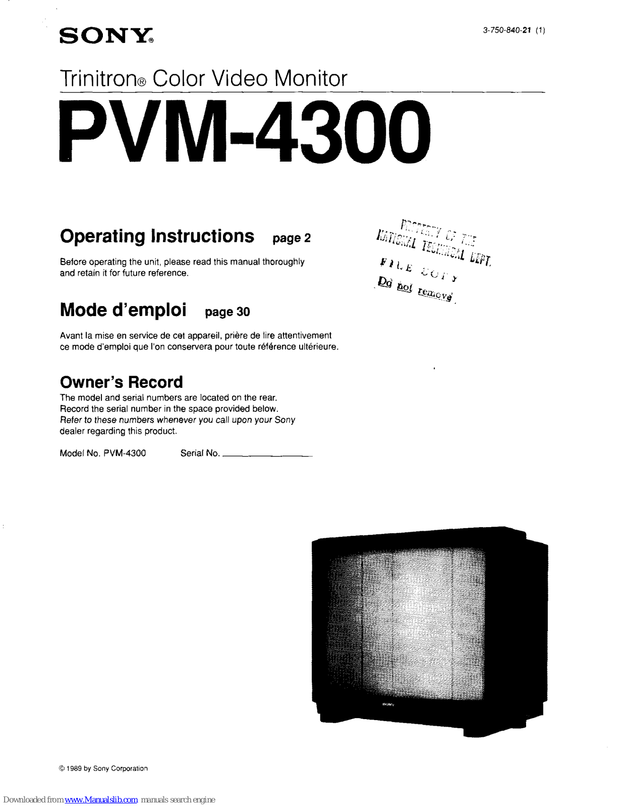 Sony Trinitron PVM-4300 Operating Instructions Manual