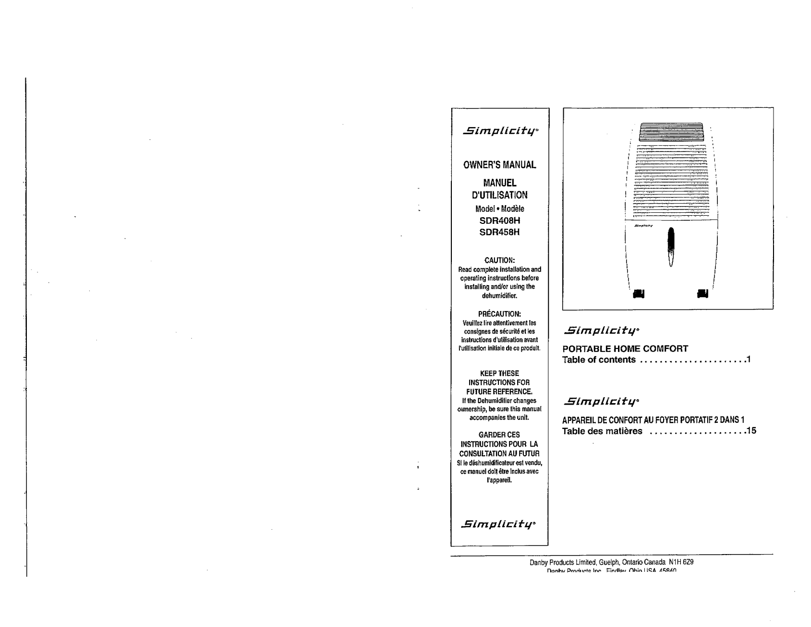 Simplicity Sdr458h Owner's Manual