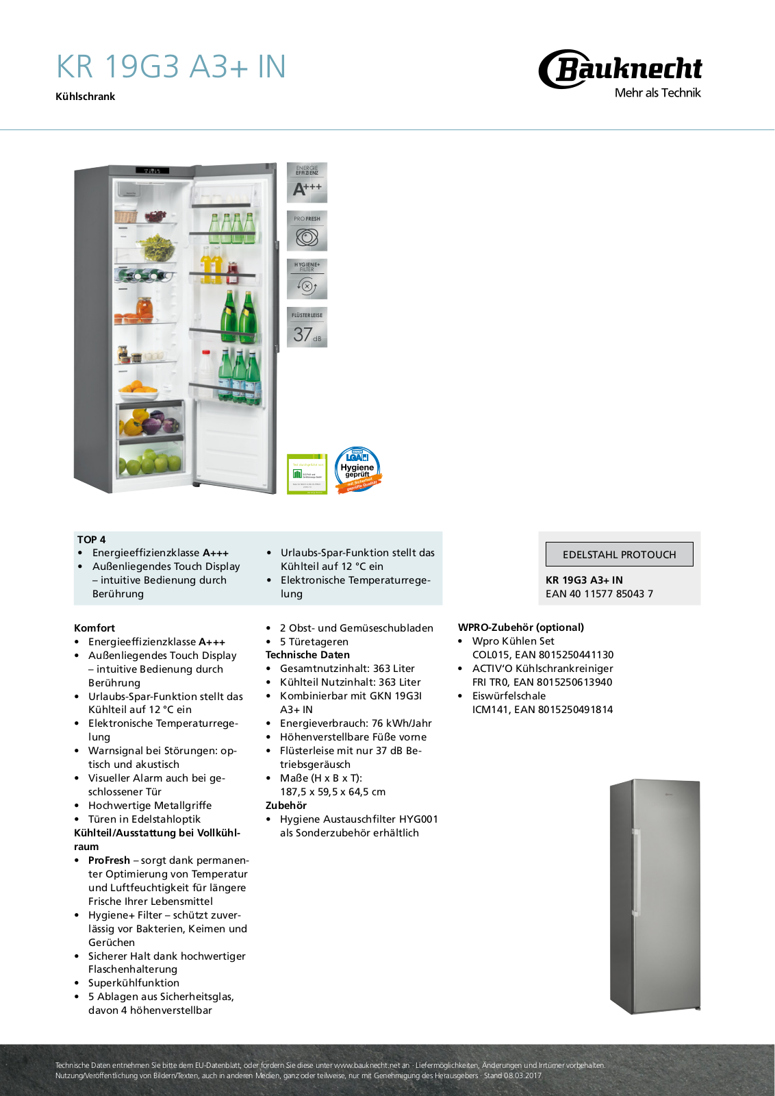 Bauknecht KR 19G3 A3+ IN User Manual