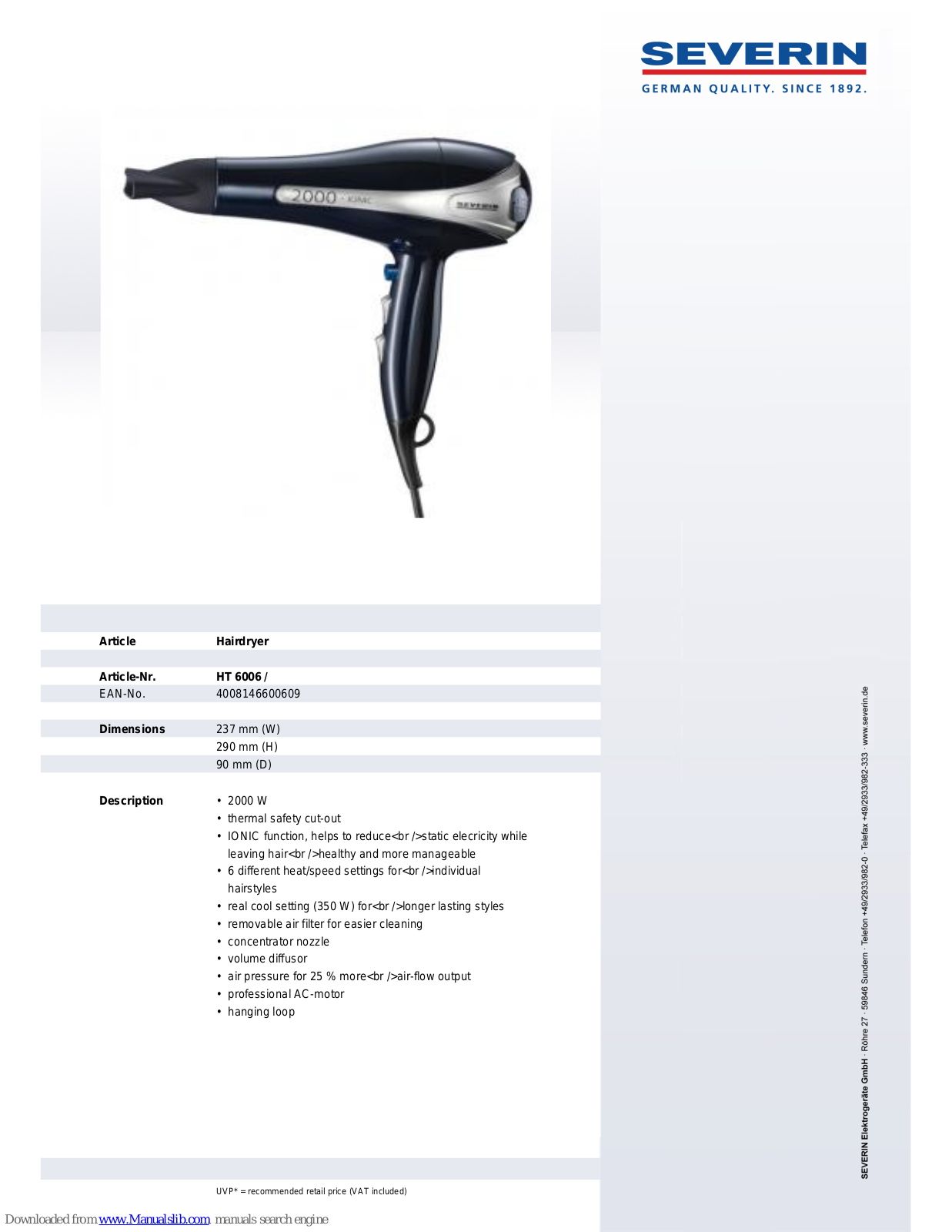 SEVERIN HAIRDRYER - DATASHEET 2, HT 6006 Dimensions