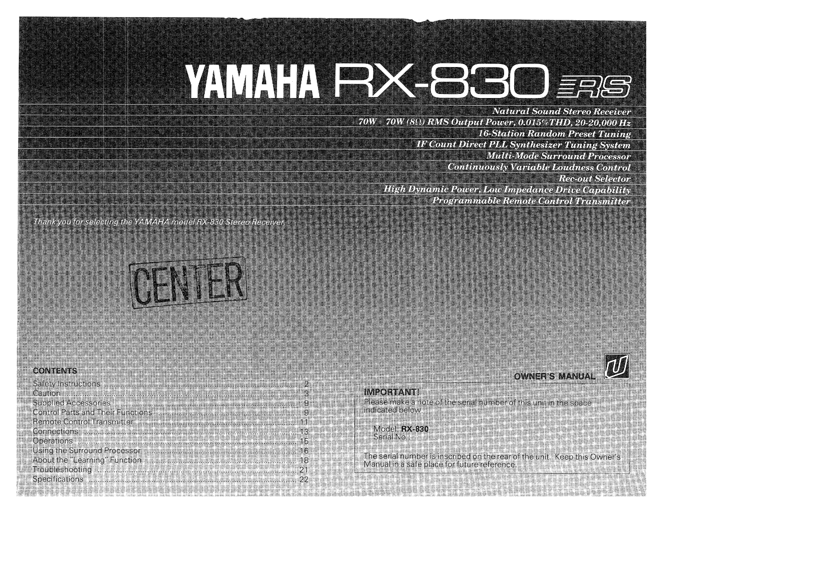 Yamaha RX-830RS Owner Manual