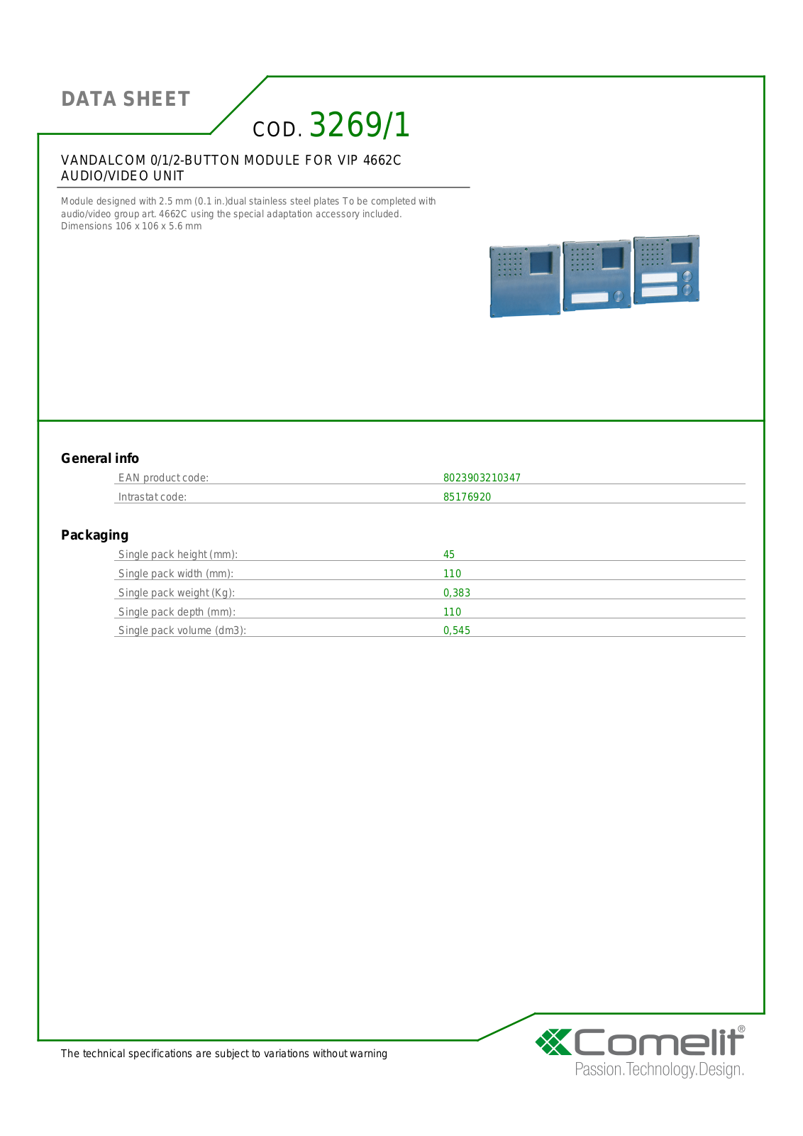 Comelit 3269-1 Specsheet