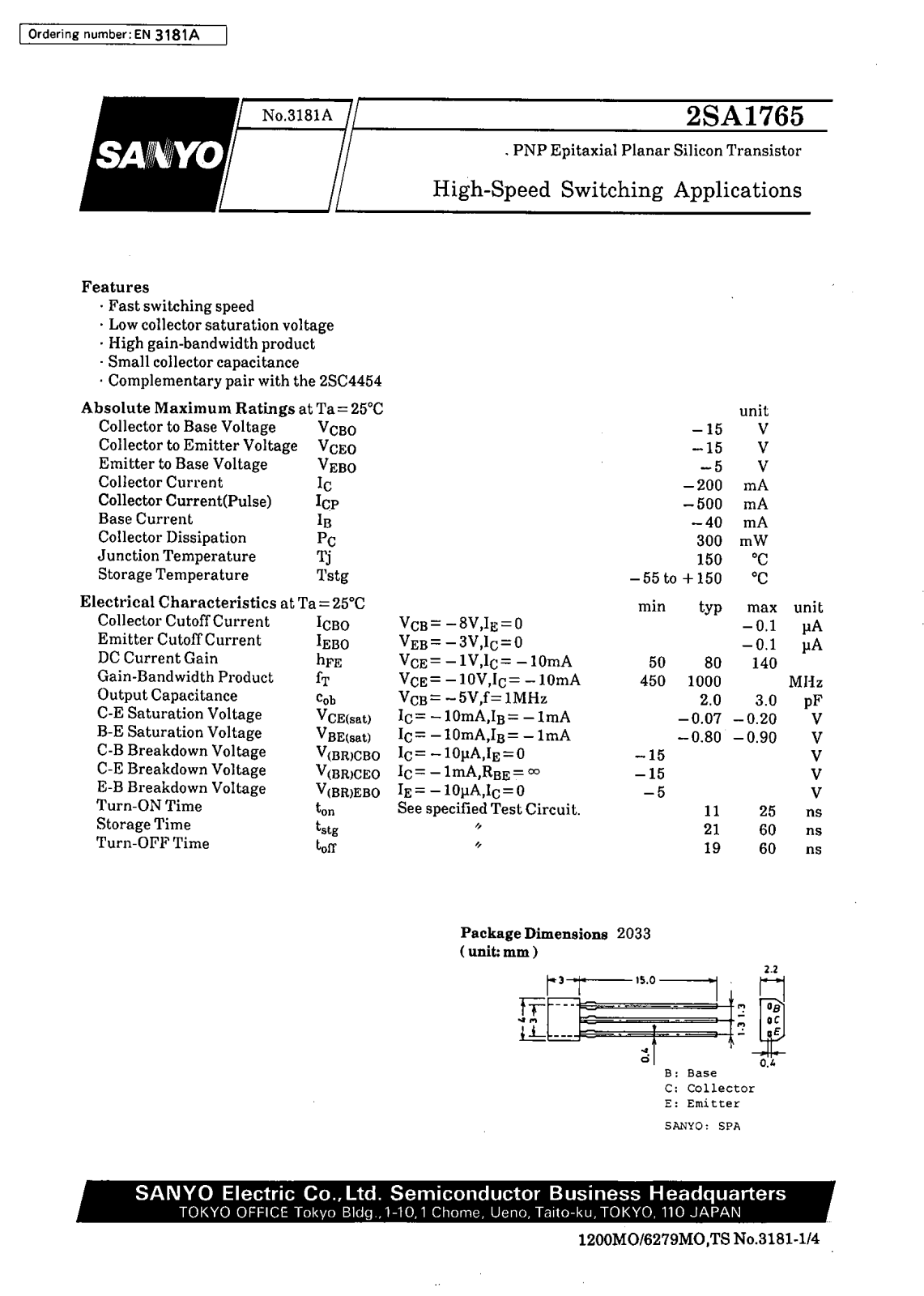 SANYO 2SA1765 Datasheet