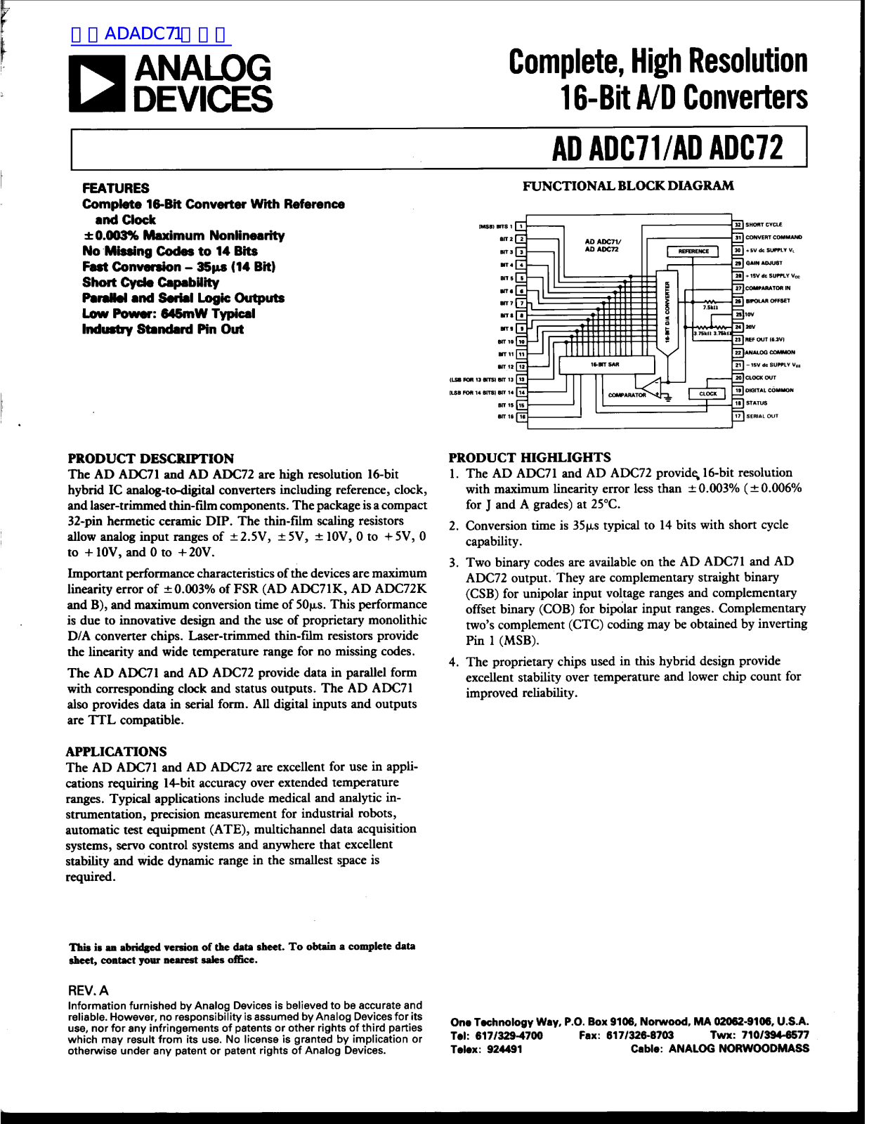 ANALOG DEVICES ADC71, ADC72 Service Manual