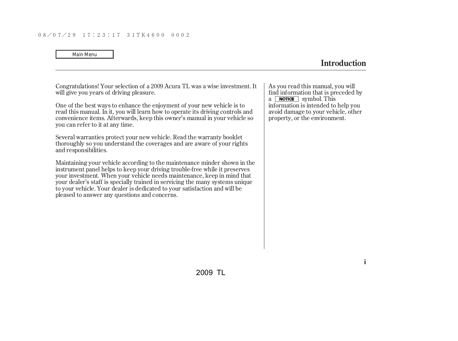 Acura TL 2009 User Manual