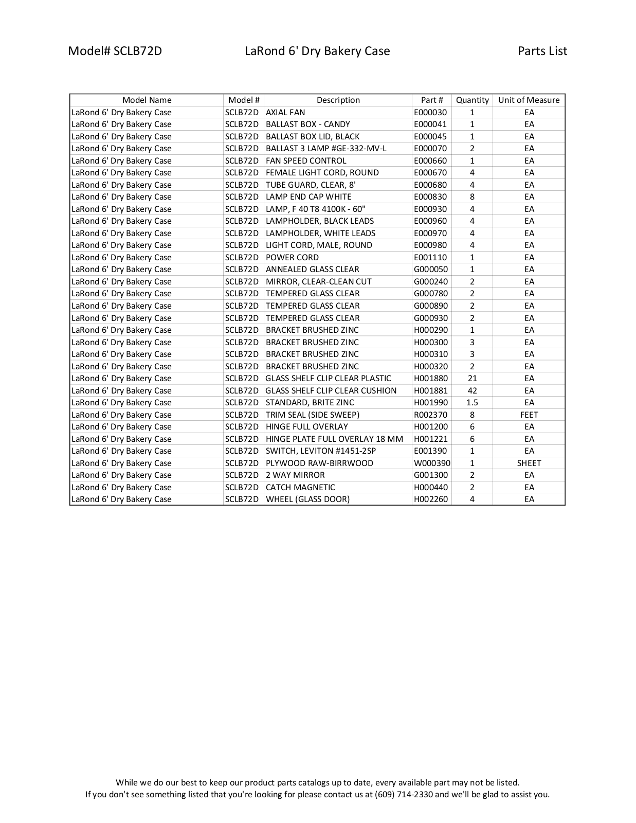 RPI Industries SCLB72D Parts List