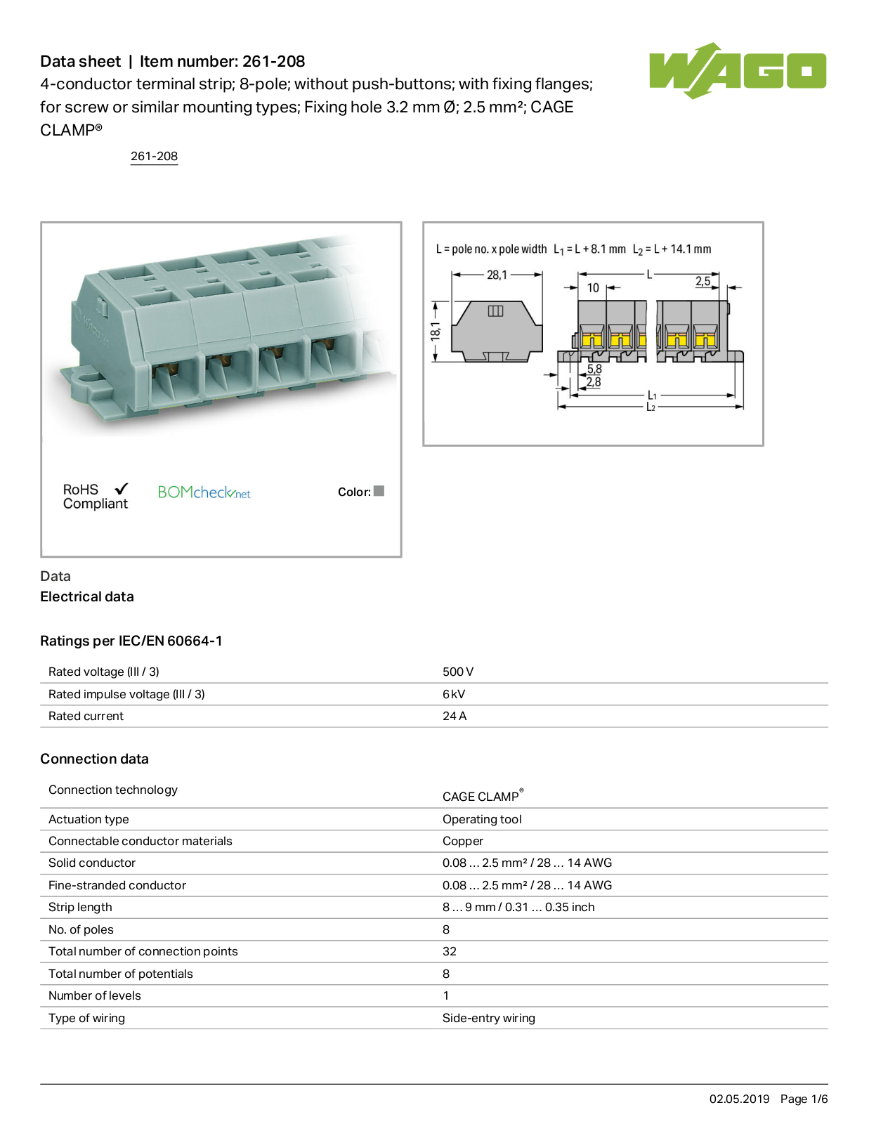 Wago 261-208 Data Sheet