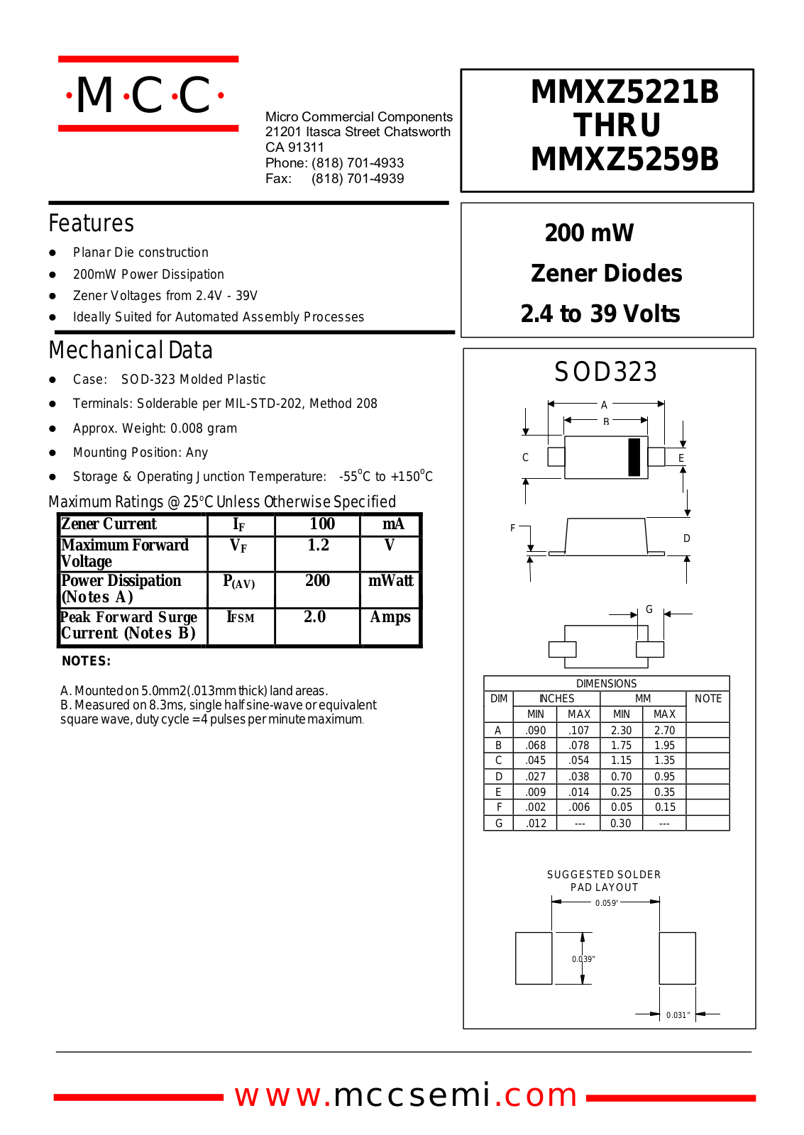 MCC MMXZ5258B, MMXZ5229B, MMXZ5254B, MMXZ5255B, MMXZ5256B Datasheet