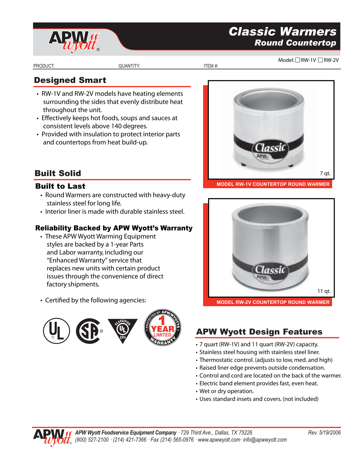 APW Wyott RW-2V General Manual