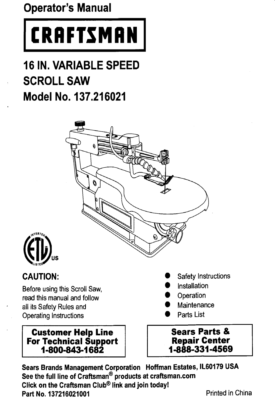 Craftsman 137216021 Owner’s Manual