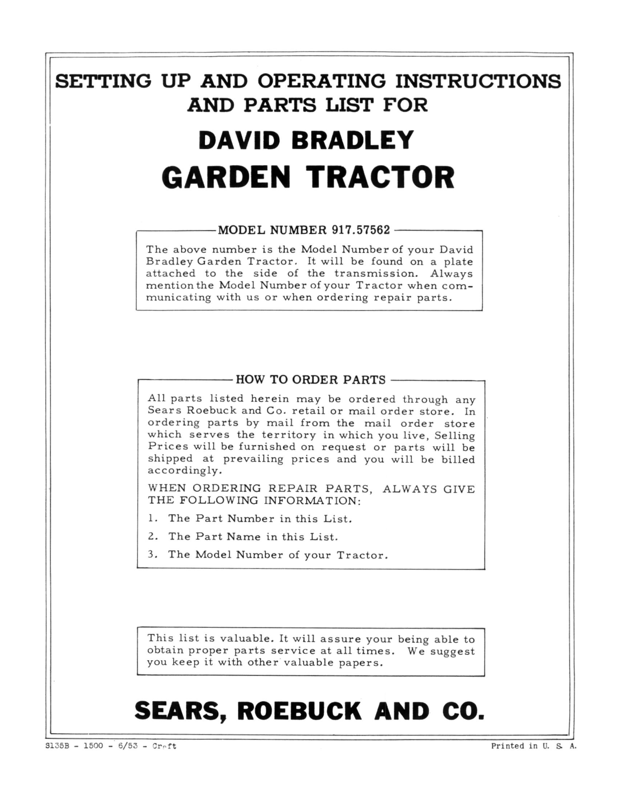 David Bradley 917.57562 Operating Instruction