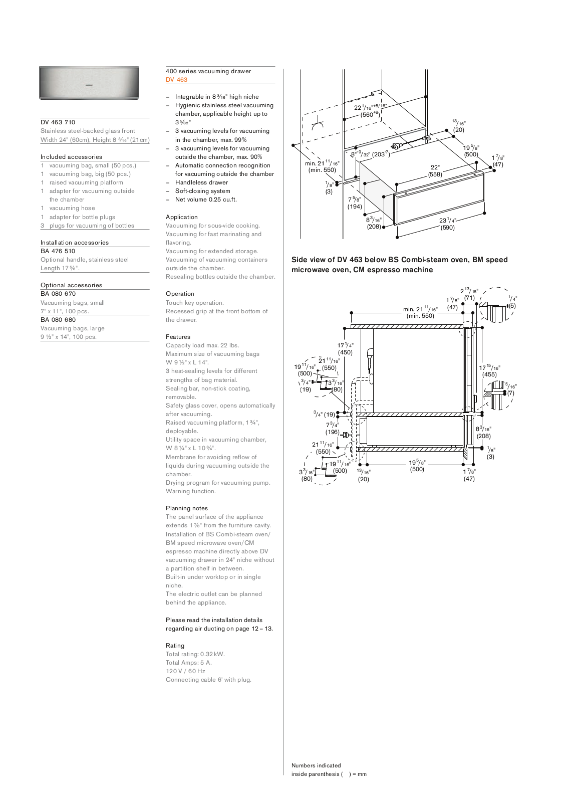 Gaggenau DV463710 PRODUCT SPECIFICATIONS