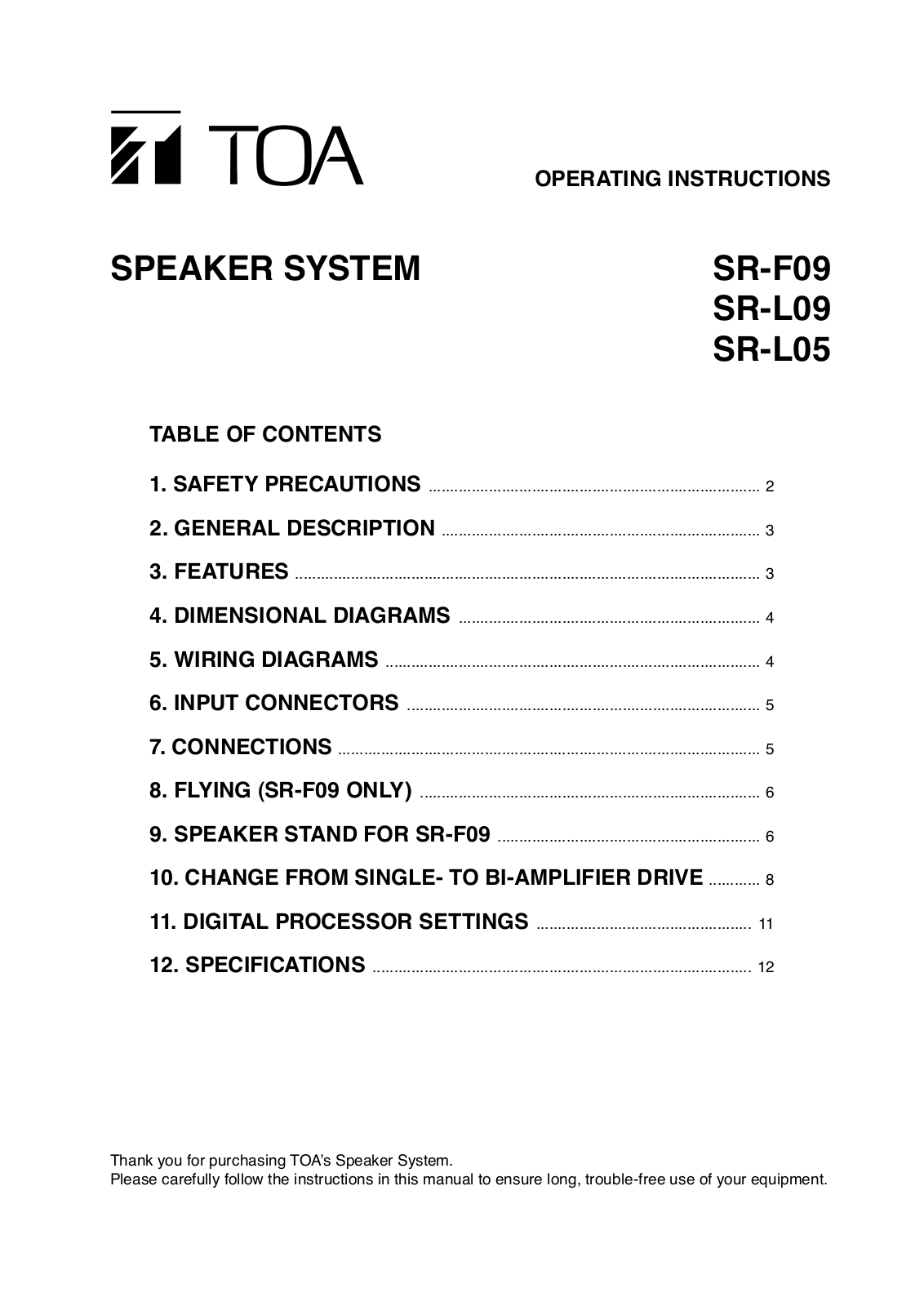 Toa SR-F09, SR-L09, SR-L05 Operating Instructions Manual