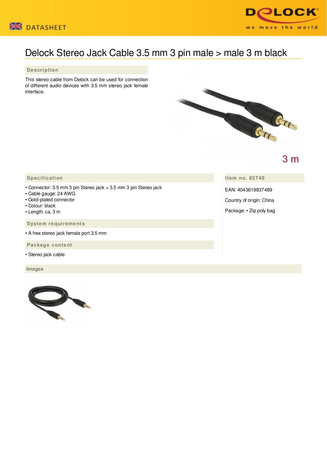 DeLOCK Klinkenkabel 3-Pin Stereo, 3.5mm Stecker auf 3.5mm Stecker, schwarz, 3.0m User Manual