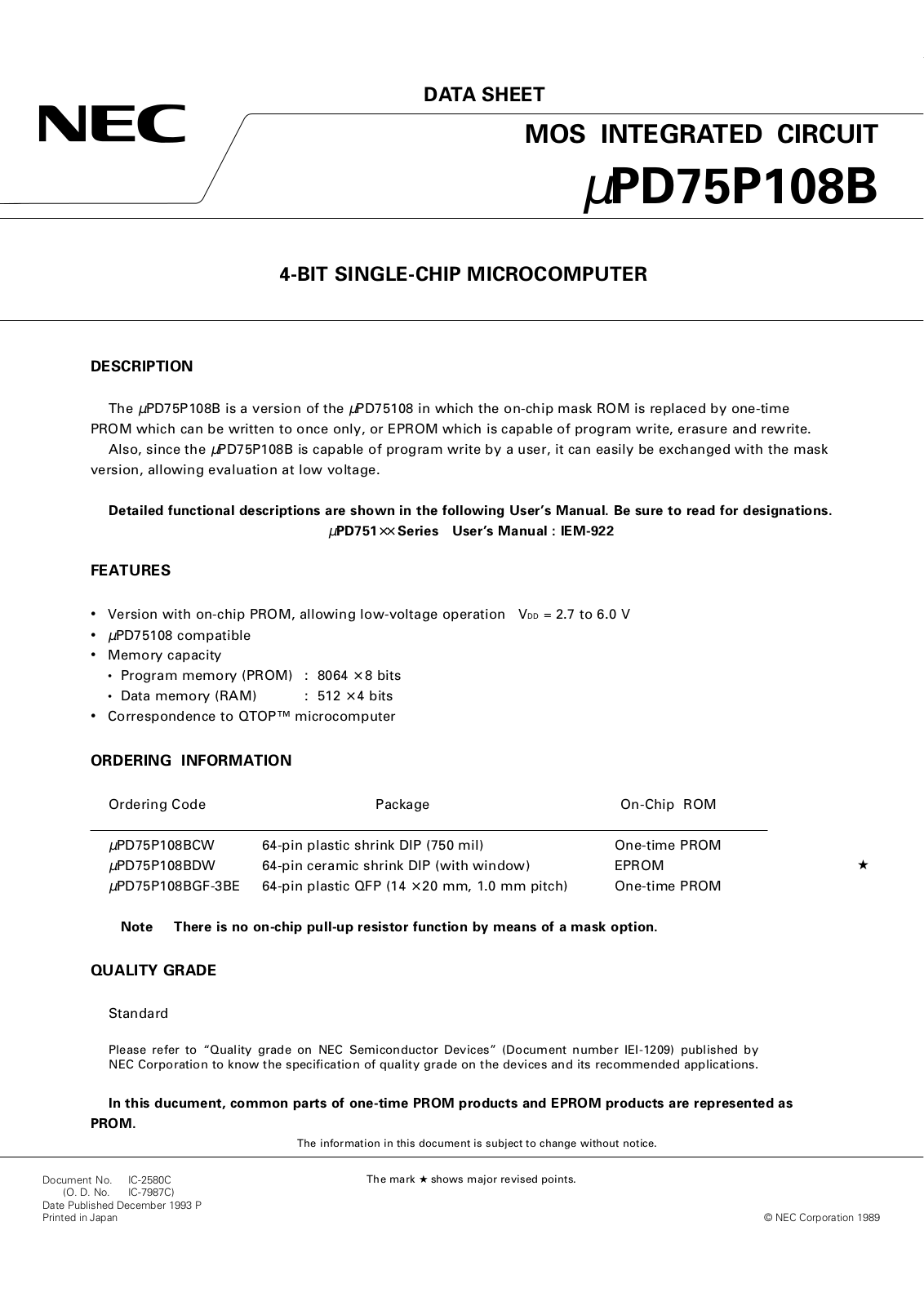 NEC UPD75P108BGF-XXX-3BE, UPD75P108BG-XXX, UPD75P108BDW-XXX, UPD75P108BCW-XXX Datasheet