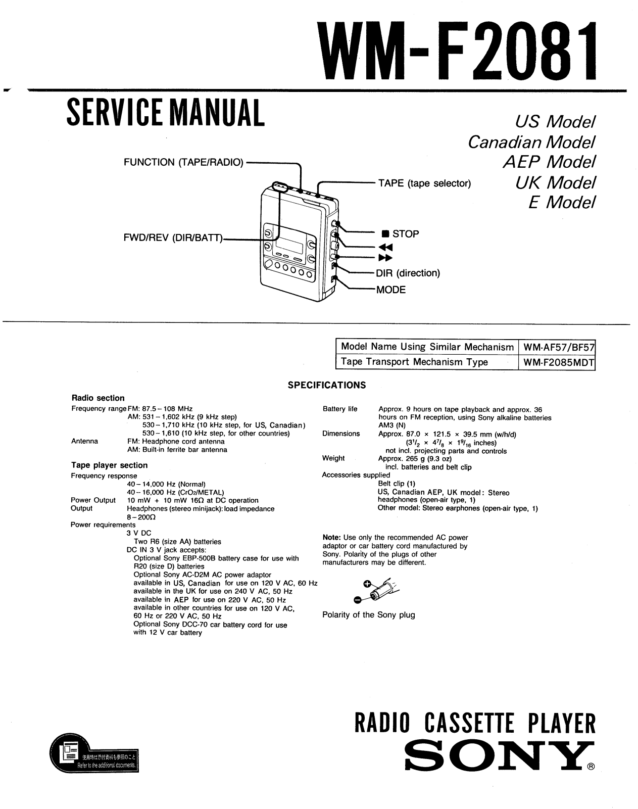 Sony WMF-2081 Service manual