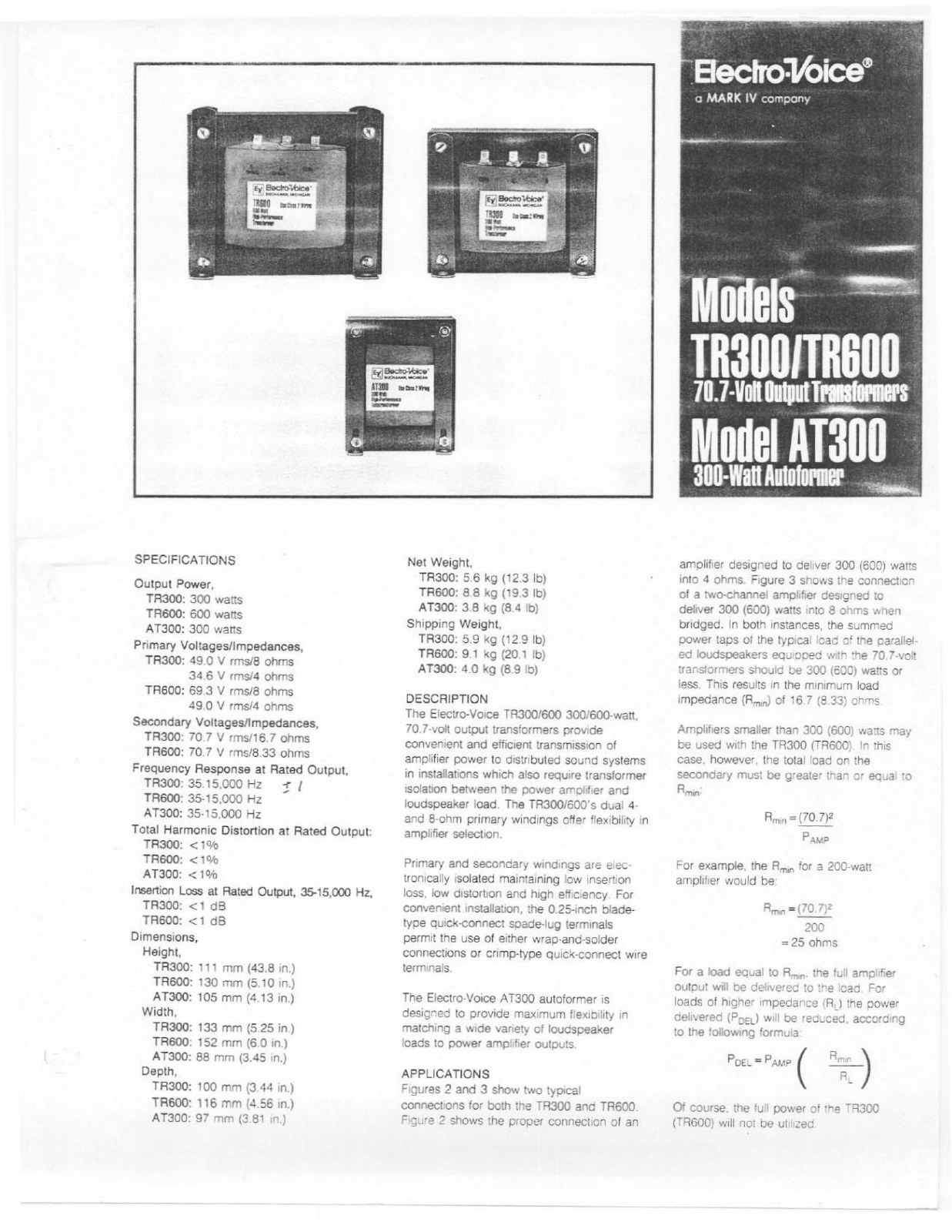 Electro-voice TR300, TR600, AT300 DATASHEET